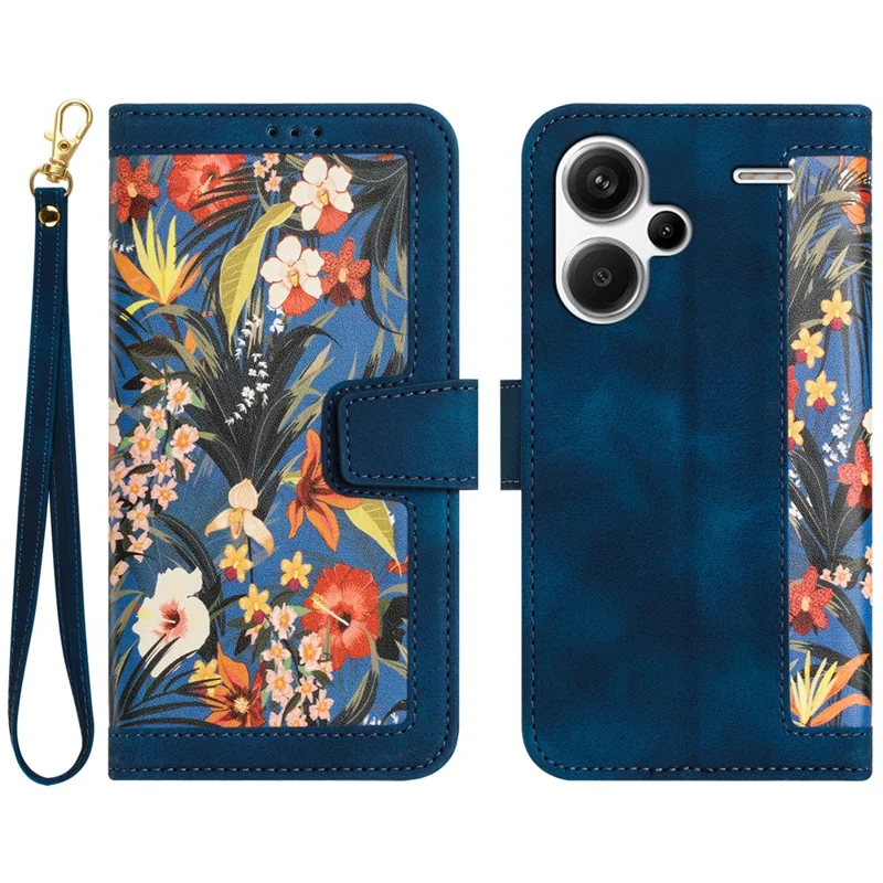 For Xiaomi Redmi Note 13 Pro+ 5G Case PU Leather Flower Pattern Wallet Style Flip Phone Cover - Dark Blue
