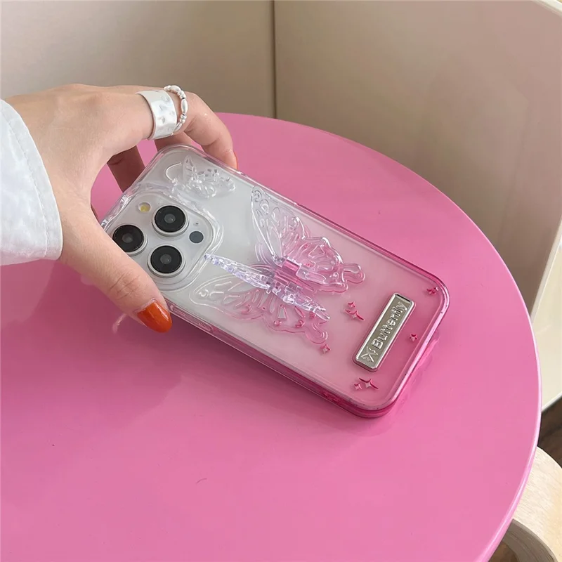 For iPhone 14 Pro Max Case TPU+PC Phone Back Cover Butterfly Shape Kickstand Protective Shell - Pink