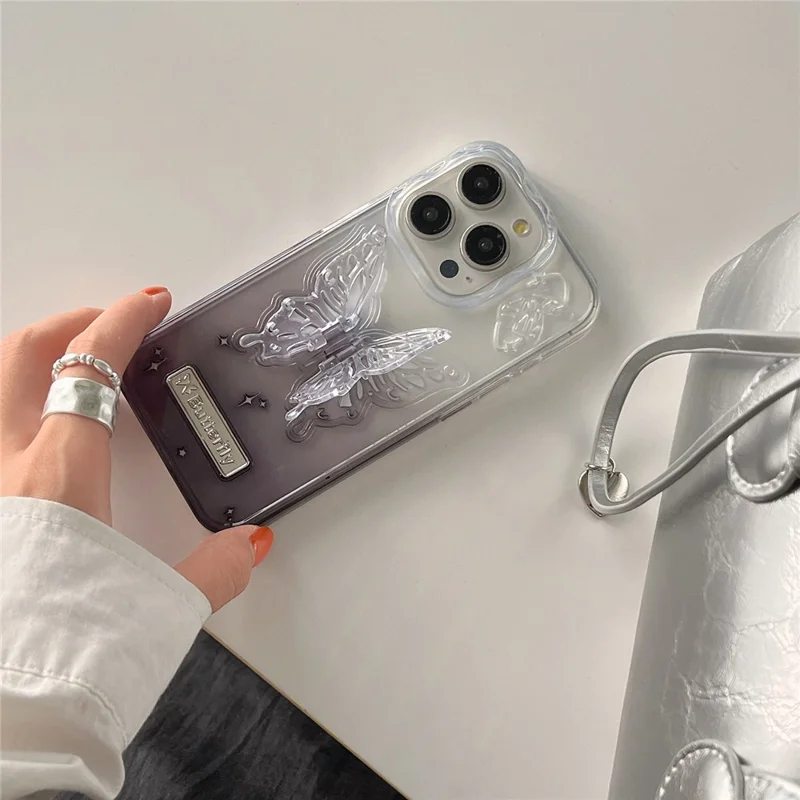 For iPhone 14 Pro Max Case TPU+PC Phone Back Cover Butterfly Shape Kickstand Protective Shell - Black