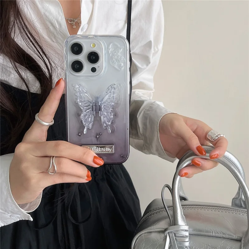 For iPhone 14 Pro Max Case TPU+PC Phone Back Cover Butterfly Shape Kickstand Protective Shell - Black