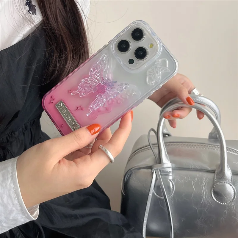 For iPhone 13 Pro 6.1 inch Case Gradient TPU Shockproof Phone Cover with Butterfly Shape Kickstand - Pink