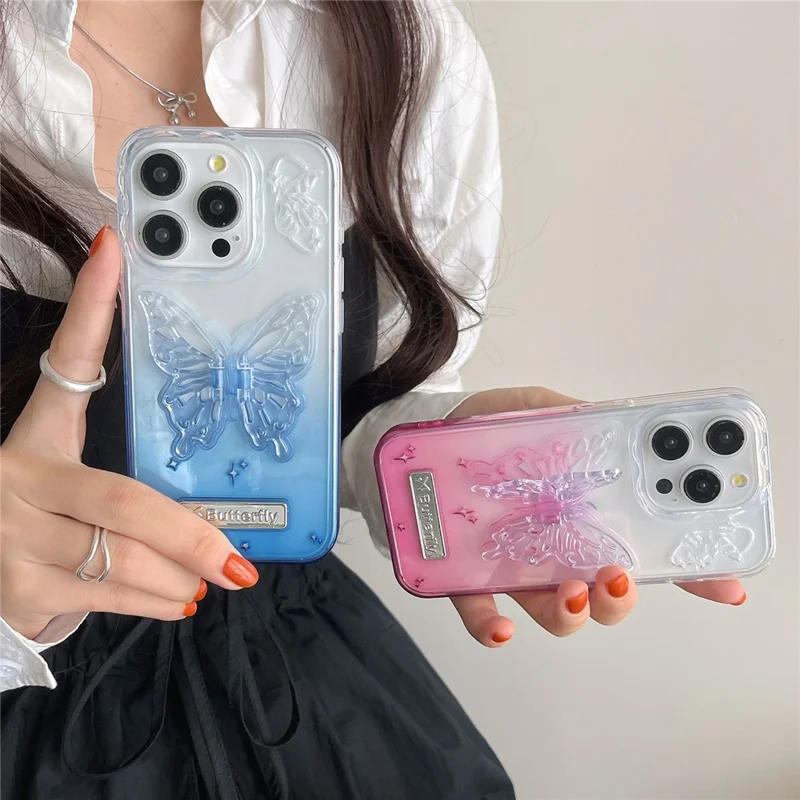 For iPhone 13 Pro 6.1 inch Case Gradient TPU Shockproof Phone Cover with Butterfly Shape Kickstand - Pink