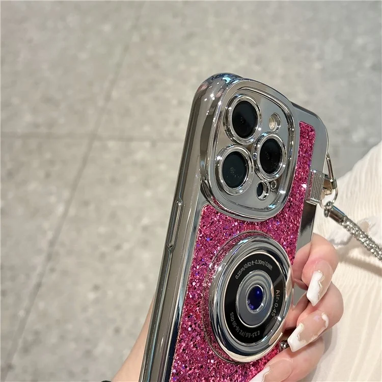Funda para iPhone 15 Pro con diseño de cámara y purpurina - Color Rosa