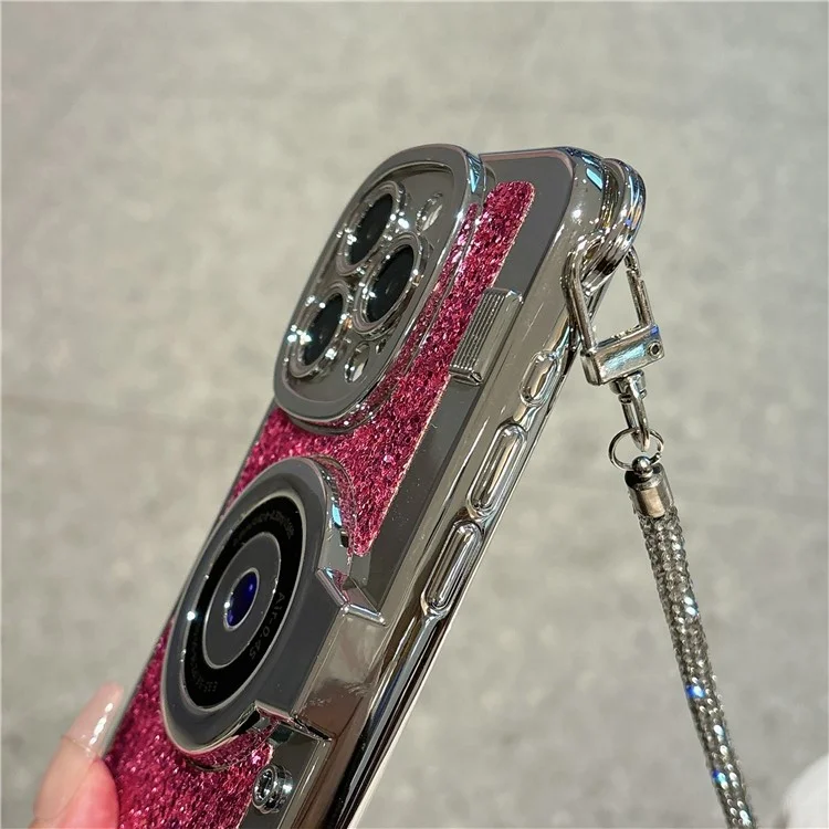 Funda para iPhone 15 Pro con diseño de cámara y purpurina - Color Rosa