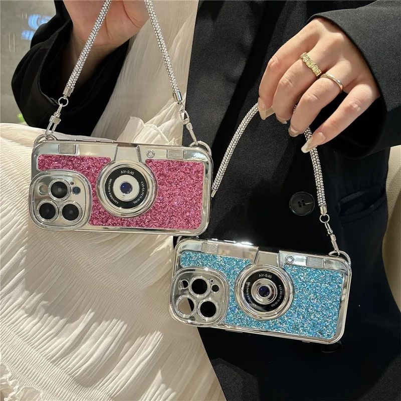 For iPhone 15 Pro Cover Camera Design Glitter Powder TPU Phone Case with Tote Strap - Blue