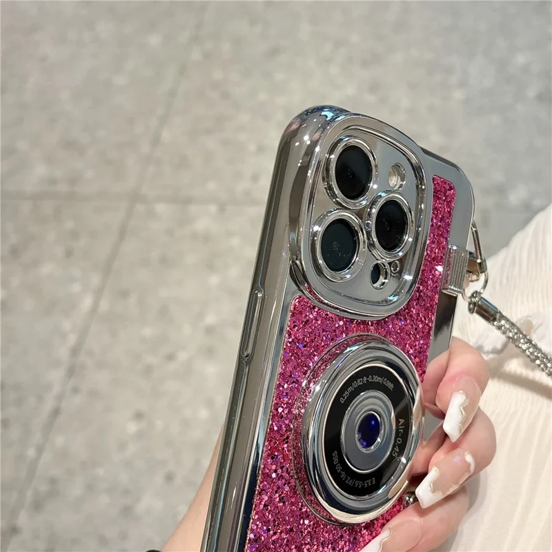 For iPhone 15 Pro Cover Camera Design Glitter Powder TPU Phone Case with Tote Strap - Blue