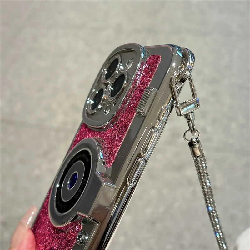 For iPhone 15 Pro Cover Camera Design Glitter Powder TPU Phone Case with Tote Strap - Blue
