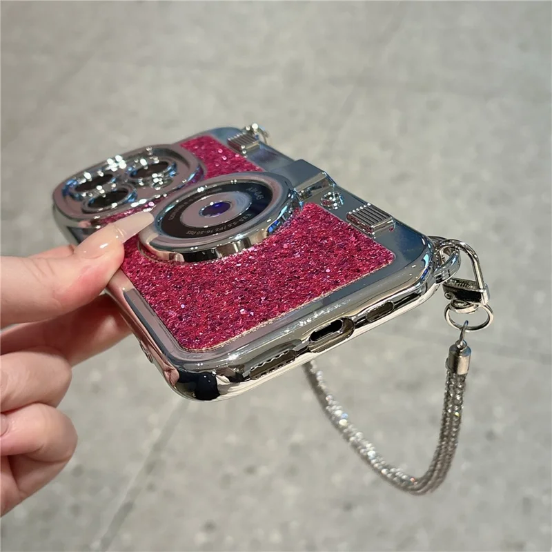 For iPhone 15 Pro Cover Camera Design Glitter Powder TPU Phone Case with Tote Strap - Blue
