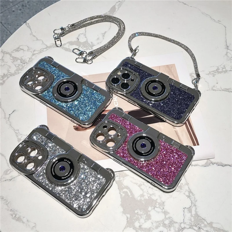 For iPhone 15 Pro Cover Camera Design Glitter Powder TPU Phone Case with Tote Strap - Blue