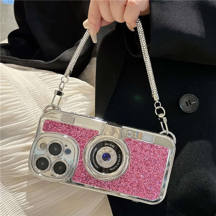 For iPhone 14 Pro Anti-Drop Cover Camera Design Glitter Powder TPU Phone Case with Tote Strap - Pink
