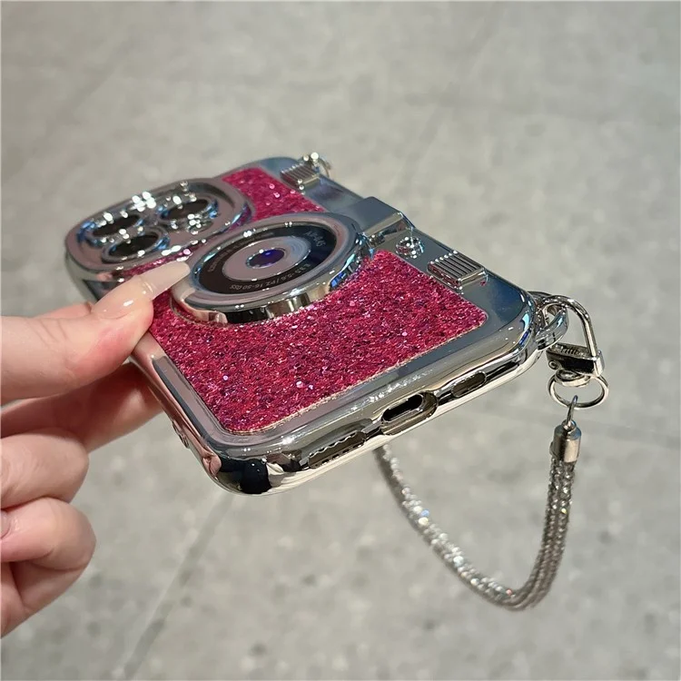 For iPhone 14 Pro Anti-Drop Cover Camera Design Glitter Powder TPU Phone Case with Tote Strap - Pink