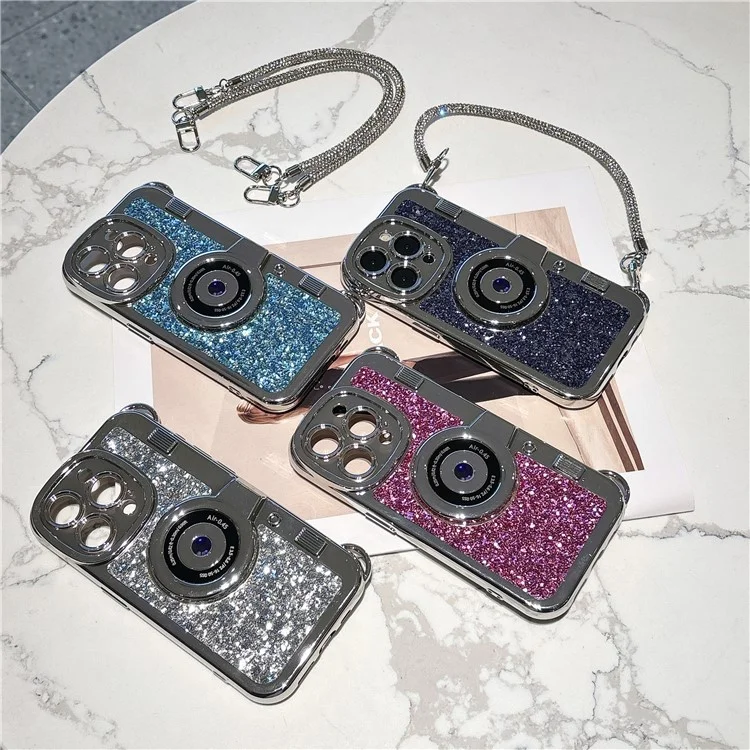 For iPhone 14 Pro Anti-Drop Cover Camera Design Glitter Powder TPU Phone Case with Tote Strap - Pink