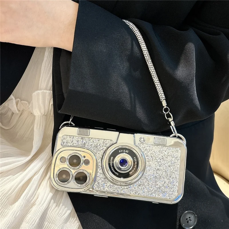 For iPhone 14 Pro Anti-drop Cover Camera Design Glitter Powder TPU Phone Case with Tote Strap - Silver