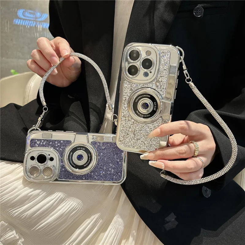 For iPhone 14 Pro Anti-drop Cover Camera Design Glitter Powder TPU Phone Case with Tote Strap - Silver