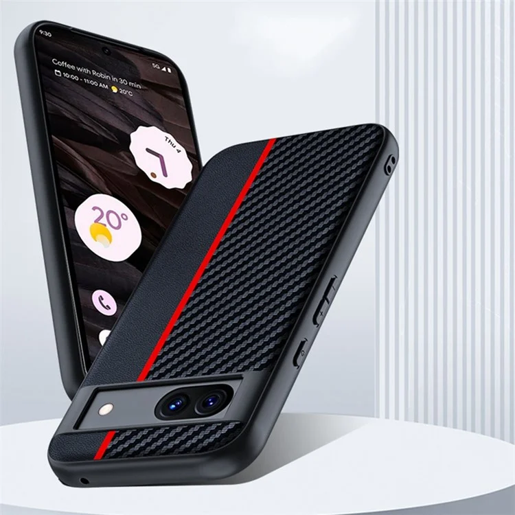 For Google Pixel 8a Case Slim PU Leather+PC Carbon Fiber Texture Phone Cover - Black / Red