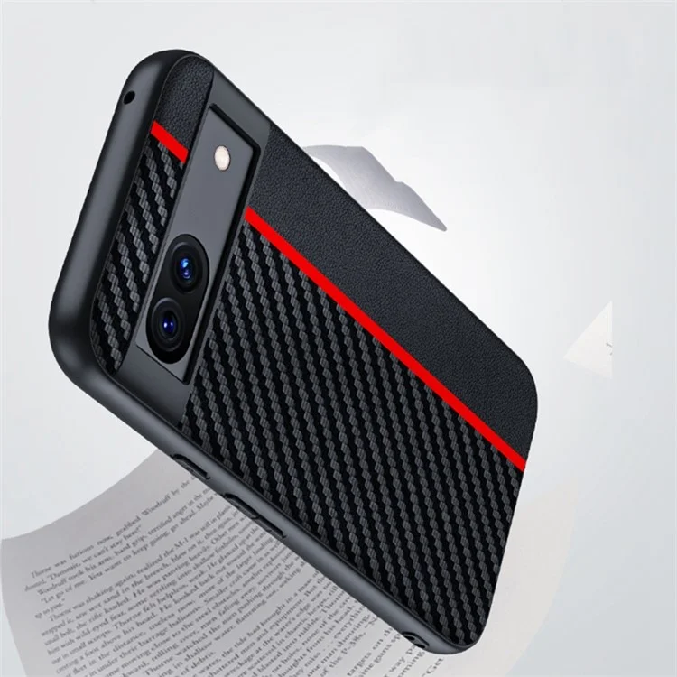 For Google Pixel 8a Case Slim PU Leather+PC Carbon Fiber Texture Phone Cover - Black / Red