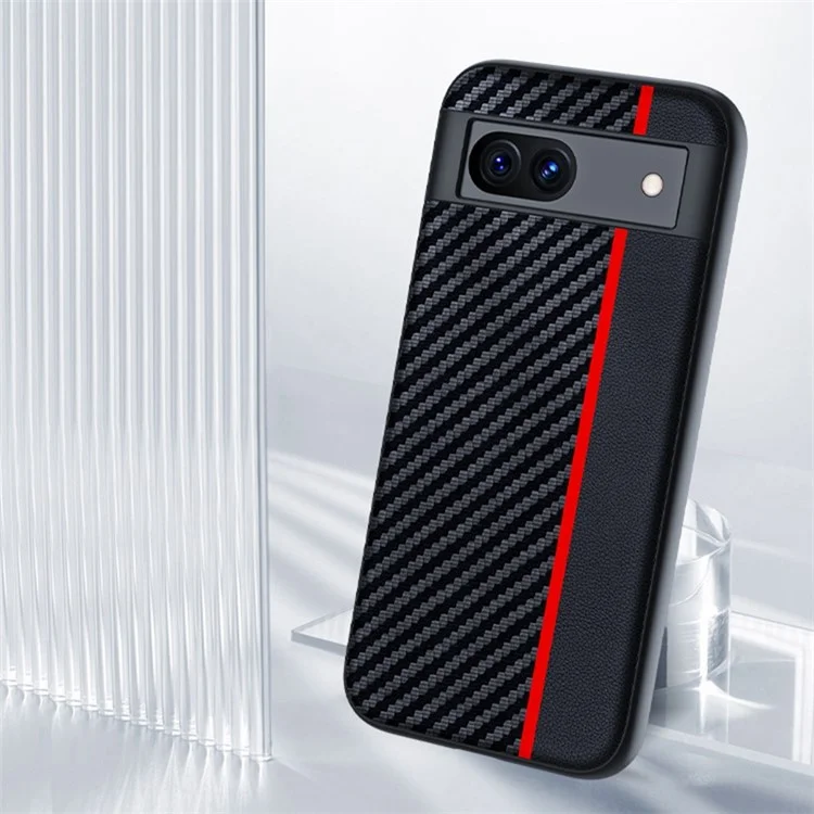 For Google Pixel 8a Case Slim PU Leather+PC Carbon Fiber Texture Phone Cover - Black / Red