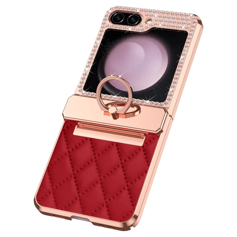 For Samsung Galaxy Z Flip7 FE 5G / Z Flip6 5G / Z Flip5 5G Case Rhinestone Decor Leather+PC Rhombus Phone Cover - Wine Red