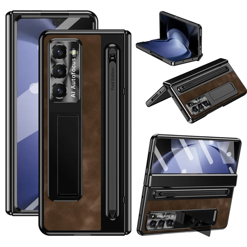Für Samsung Galaxy Z Fold6 5G Kickstand-Hülle Leder + PC Handyhülle mit gehärtetem Glasfilm und Stylus - Kaffee