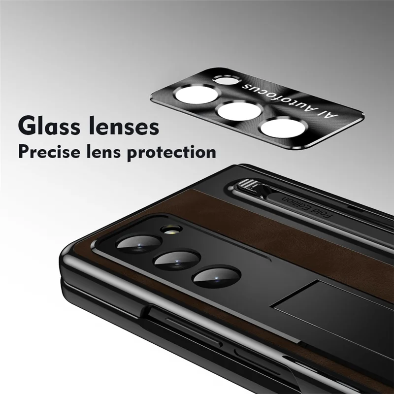 Für Samsung Galaxy Z Fold6 5G Kickstand-Hülle Leder + PC Handyhülle mit gehärtetem Glasfilm und Stylus - Kaffee