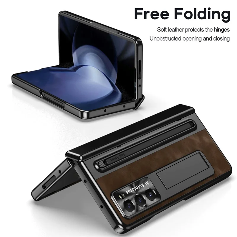 Für Samsung Galaxy Z Fold6 5G Kickstand-Hülle Leder + PC Handyhülle mit gehärtetem Glasfilm und Stylus - Kaffee