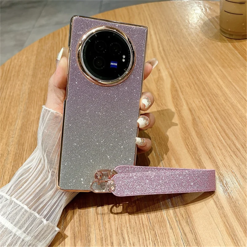 For vivo X Fold3 Case Hard PC Bling Glitter Phone Cover with Wrist Strap - Gradient Purple