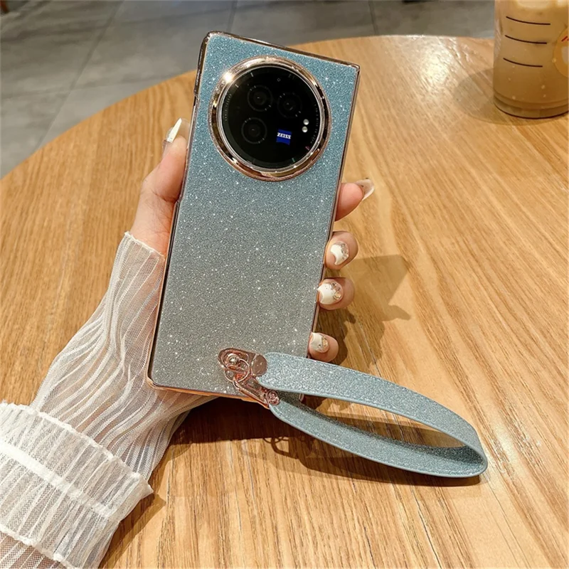 For vivo X Fold3 Case Hard PC Bling Glitter Phone Cover with Wrist Strap - Gradient Blue