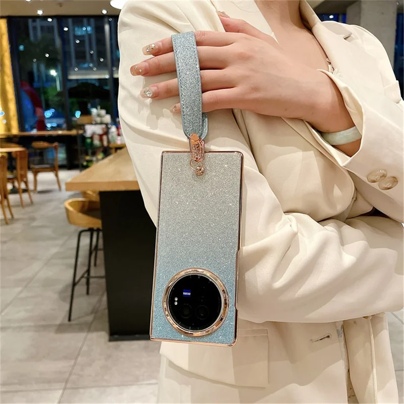For vivo X Fold3 Case Hard PC Bling Glitter Phone Cover with Wrist Strap - Gradient Blue