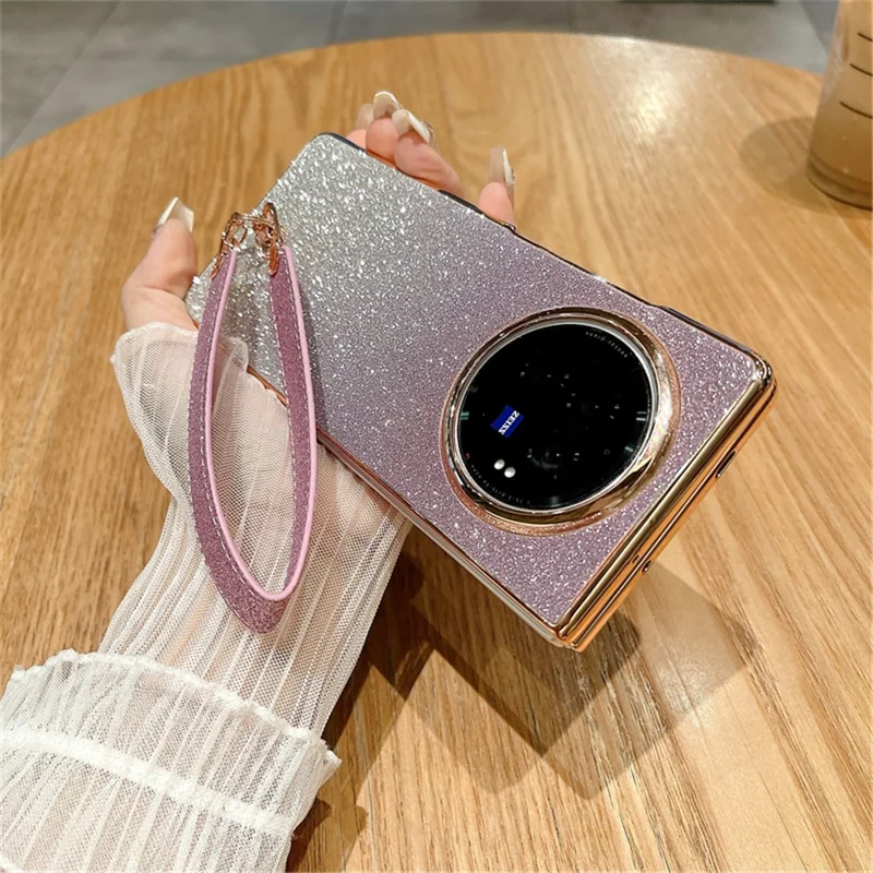 For vivo X Fold3 Case Hard PC Bling Glitter Phone Cover with Wrist Strap - Gradient Pink