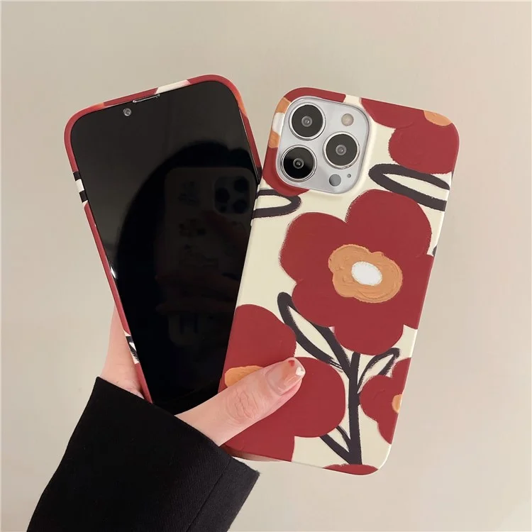 ARU Pour Étui iPhone 14 Pro Max Impression de Transfert d'Eau Mat TPU Housse Protectrice de Téléphone - Fleur Rouge