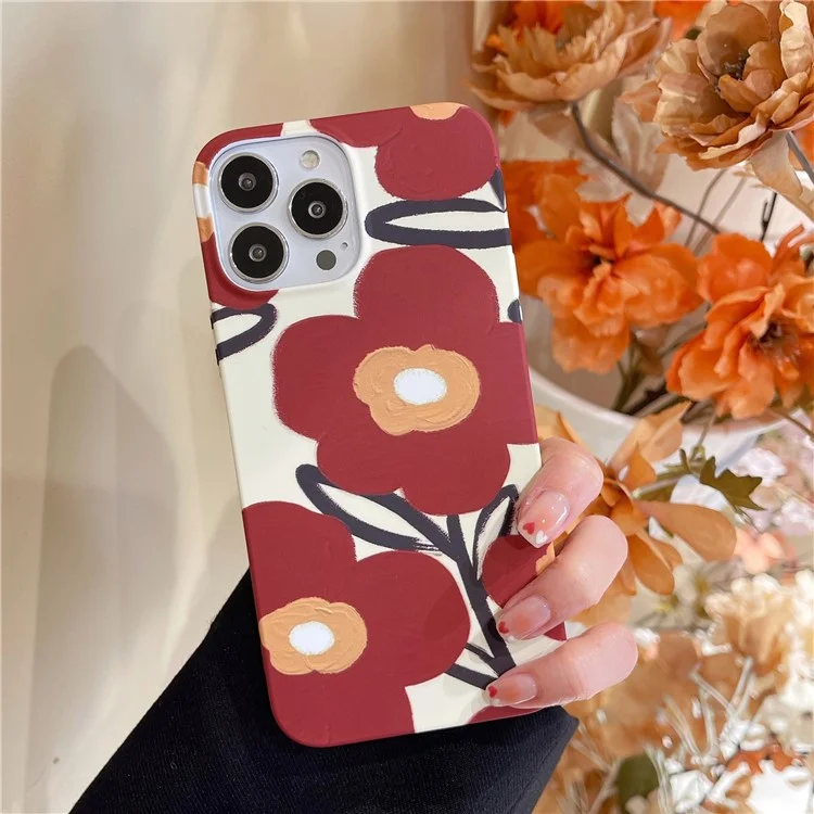 ARU Pour Étui iPhone 14 Pro Max Impression de Transfert d'Eau Mat TPU Housse Protectrice de Téléphone - Fleur Rouge