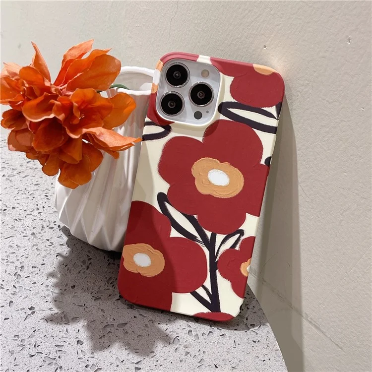 ARU Pour Étui iPhone 14 Pro Max Impression de Transfert d'Eau Mat TPU Housse Protectrice de Téléphone - Fleur Rouge