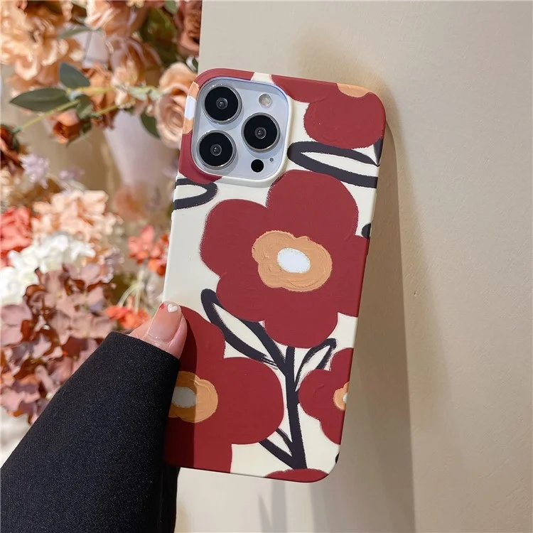 ARU Pour Étui iPhone 14 Pro Max Impression de Transfert d'Eau Mat TPU Housse Protectrice de Téléphone - Fleur Rouge