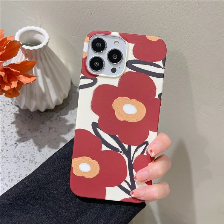 ARU Pour Étui iPhone 14 Pro Max Impression de Transfert d'Eau Mat TPU Housse Protectrice de Téléphone - Fleur Rouge