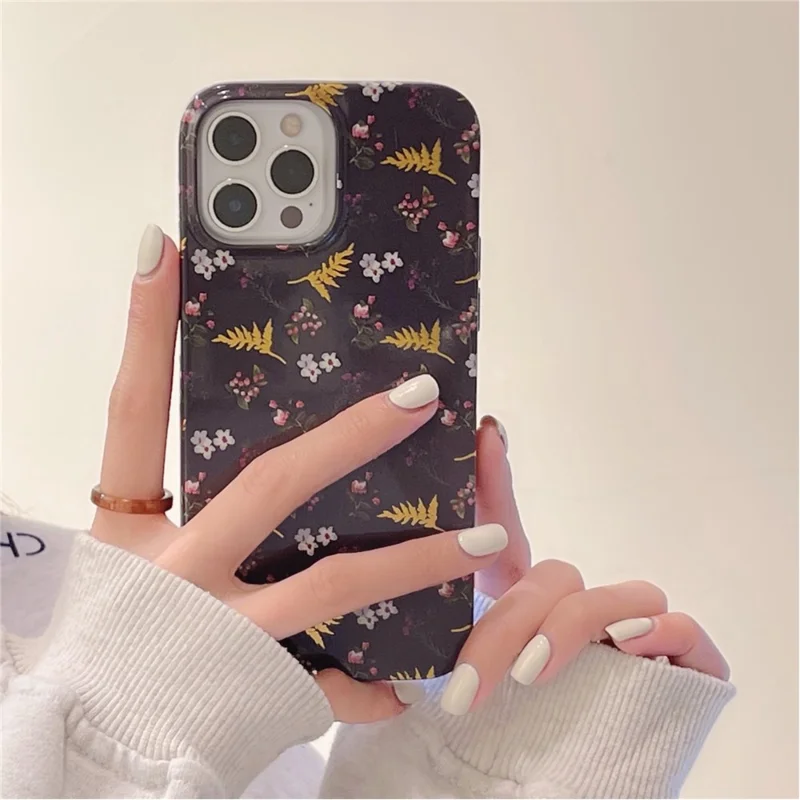 ARU For iPhone 13 Pro 6.1 inch TPU Case Stylish Water Transfer Printing Phone Cover - Black / Leaves
