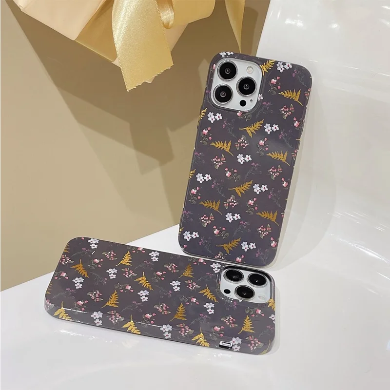 ARU For iPhone 13 Pro 6.1 inch TPU Case Stylish Water Transfer Printing Phone Cover - Black / Leaves