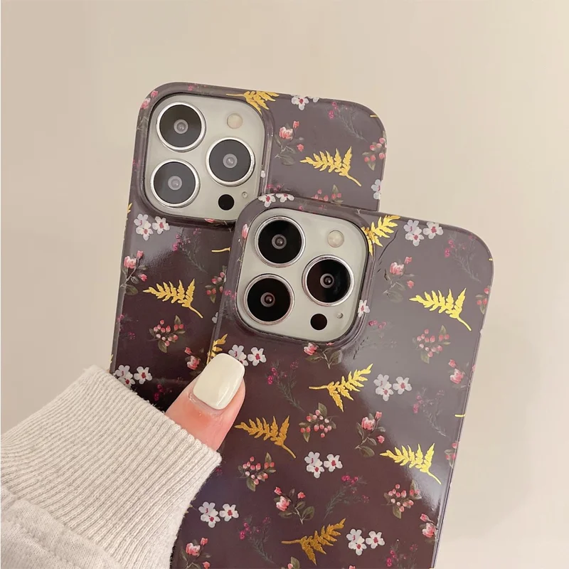 ARU For iPhone 13 Pro 6.1 inch TPU Case Stylish Water Transfer Printing Phone Cover - Black / Leaves
