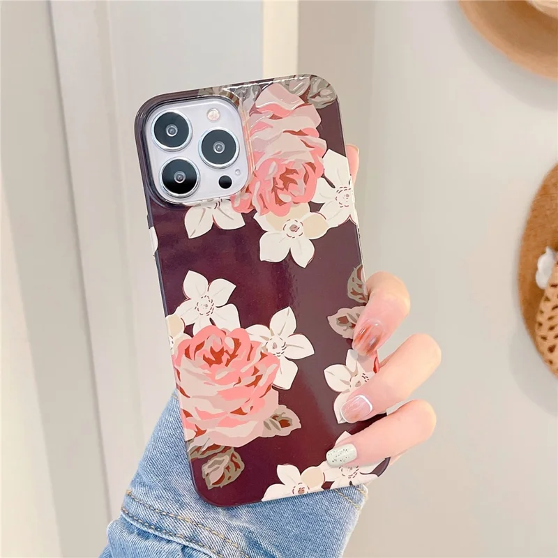 ARU For iPhone 13 Pro Max 6.7 inch Case Stylish Water Transfer Printing Glossy TPU Phone Cover - Large Flower