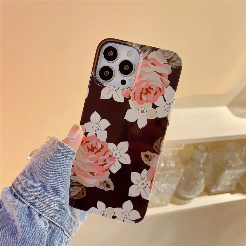 ARU For iPhone 13 Pro Max 6.7 inch Case Stylish Water Transfer Printing Glossy TPU Phone Cover - Large Flower
