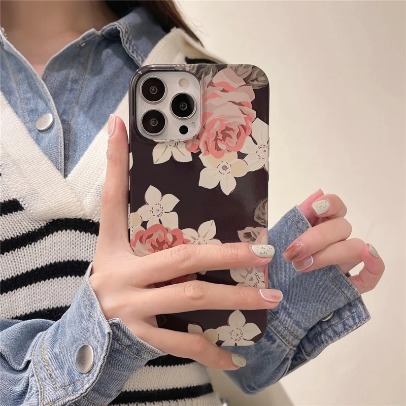 ARU For iPhone 13 Pro Max 6.7 inch Case Stylish Water Transfer Printing Glossy TPU Phone Cover - Large Flower