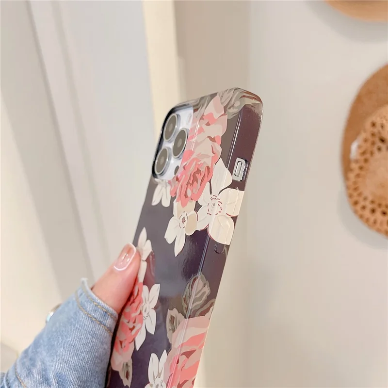 ARU For iPhone 13 Pro Max 6.7 inch Case Stylish Water Transfer Printing Glossy TPU Phone Cover - Large Flower