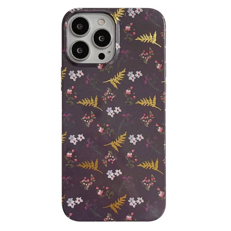 ARU For iPhone 14 Pro Max TPU Drop Proof Phone Case Water Transfer Printing Phone Cover - Black / Leaves