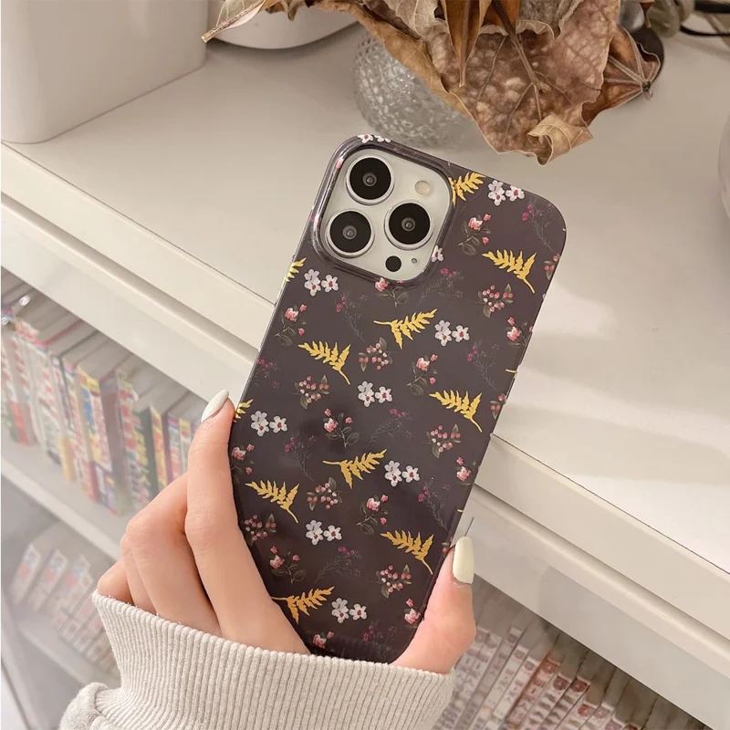 ARU For iPhone 14 Pro Max TPU Drop Proof Phone Case Water Transfer Printing Phone Cover - Black / Leaves
