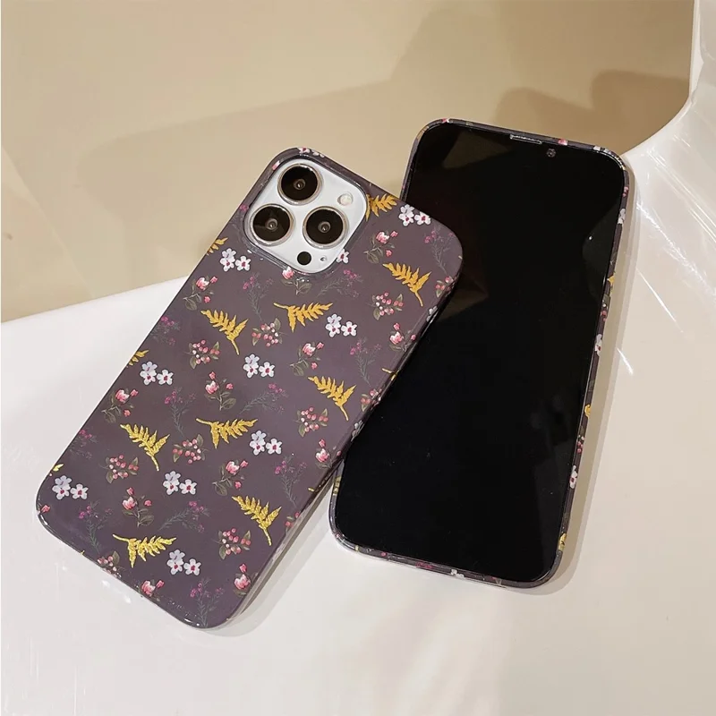 ARU For iPhone 14 Pro Max TPU Drop Proof Phone Case Water Transfer Printing Phone Cover - Black / Leaves