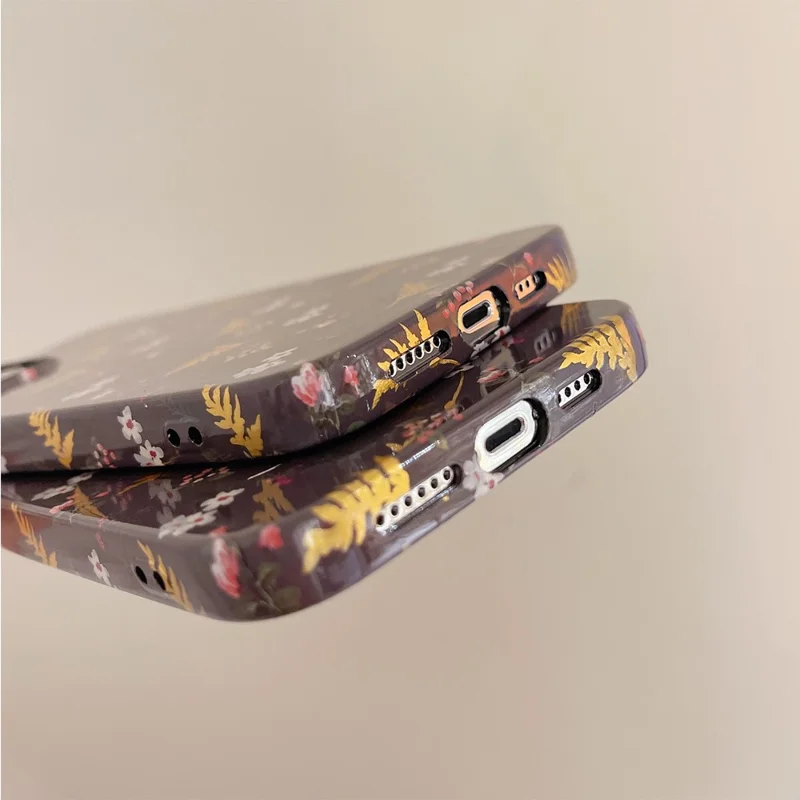 ARU For iPhone 14 Pro Max TPU Drop Proof Phone Case Water Transfer Printing Phone Cover - Black / Leaves
