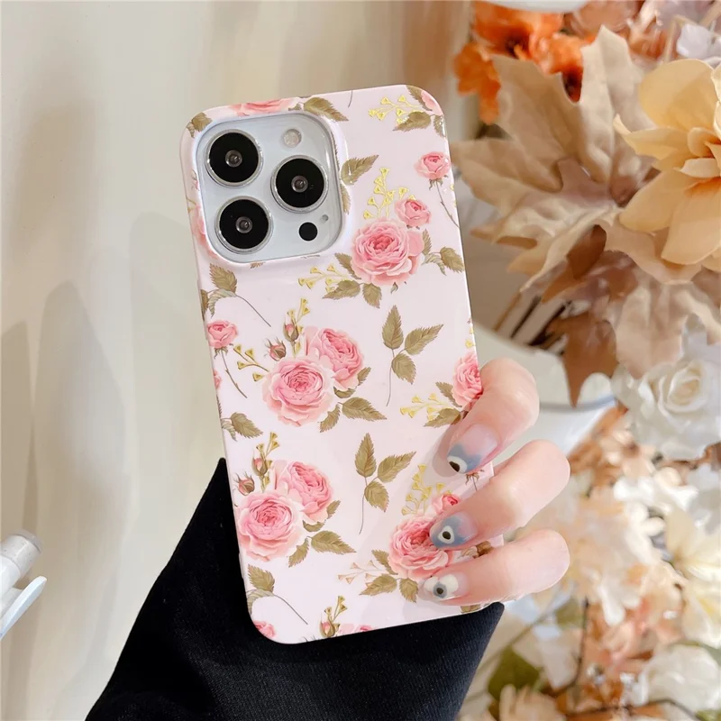 ARU Per iPhone 15 Pro Max Case Stylish Pattern Water Transfer Printing Soft TPU Phone Cover - Pink Rose