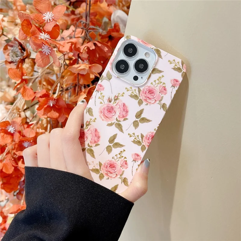 ARU Per iPhone 15 Pro Max Case Stylish Pattern Water Transfer Printing Soft TPU Phone Cover - Pink Rose