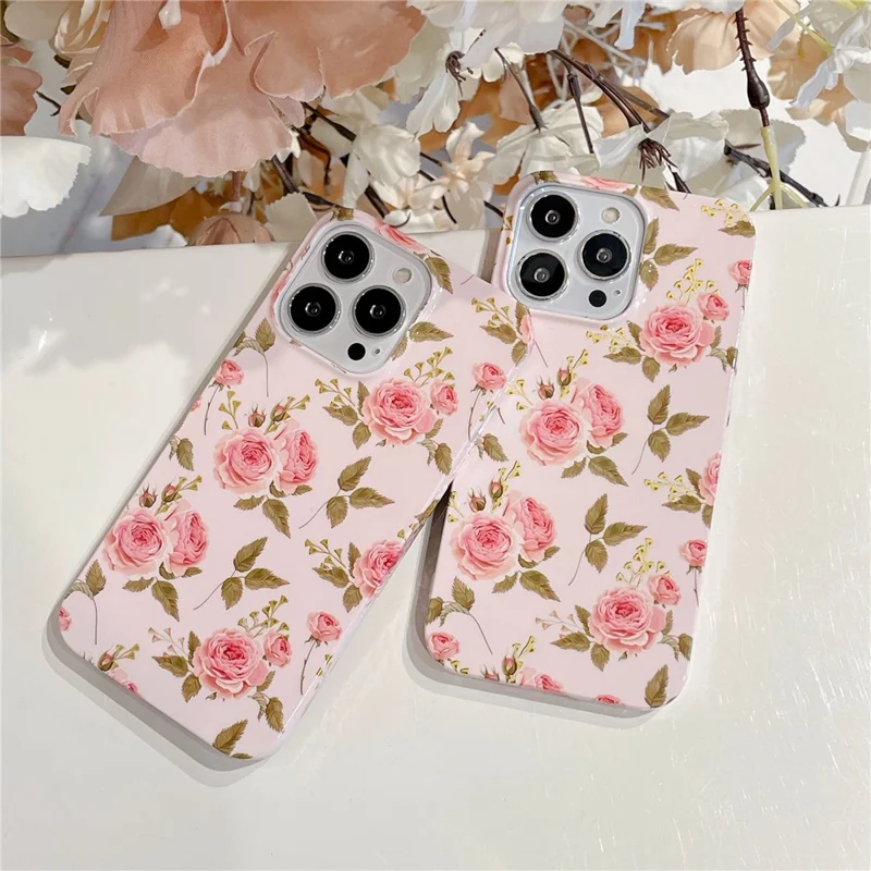 ARU Per iPhone 15 Pro Max Case Stylish Pattern Water Transfer Printing Soft TPU Phone Cover - Pink Rose