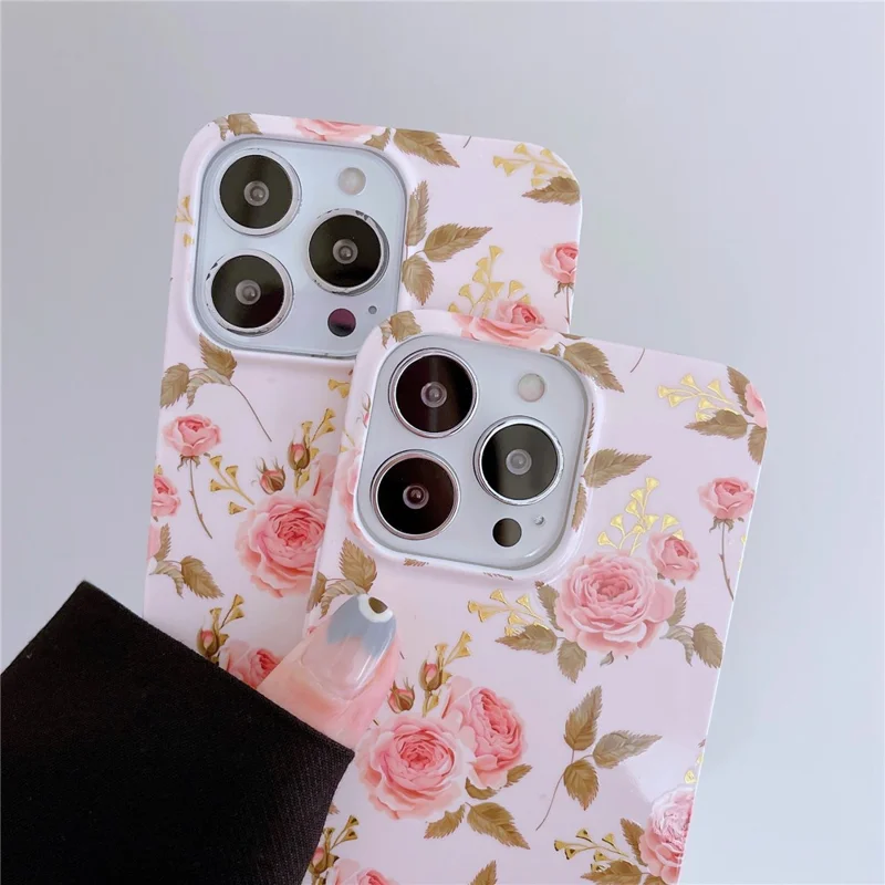 ARU Per iPhone 15 Pro Max Case Stylish Pattern Water Transfer Printing Soft TPU Phone Cover - Pink Rose