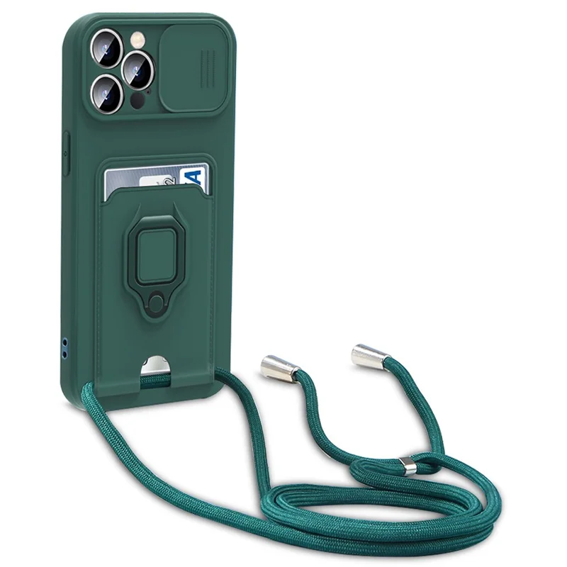 Für iPhone 14 Pro Kartenfach Ständer Handyhülle PC + TPU Abdeckung mit Lanyard - Dunkelgrün